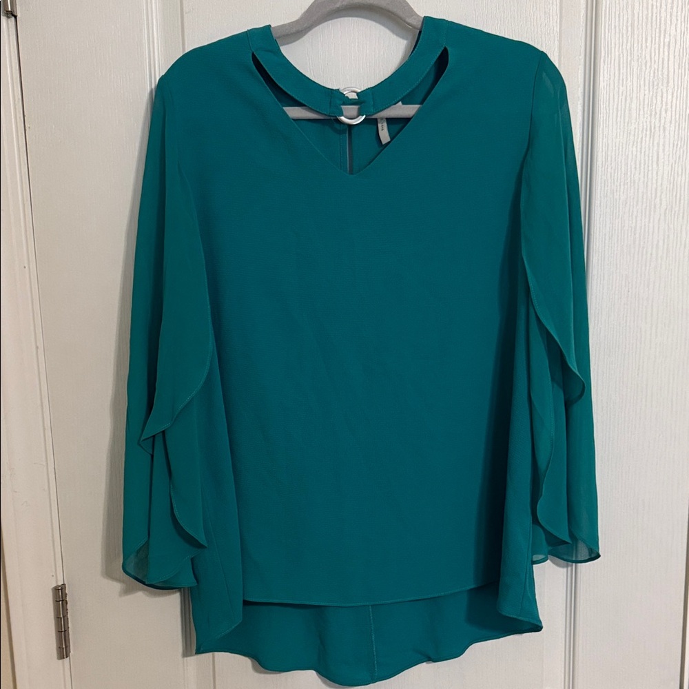 Cato Teal Chiffon V-Neck Blouse with Ring Detail